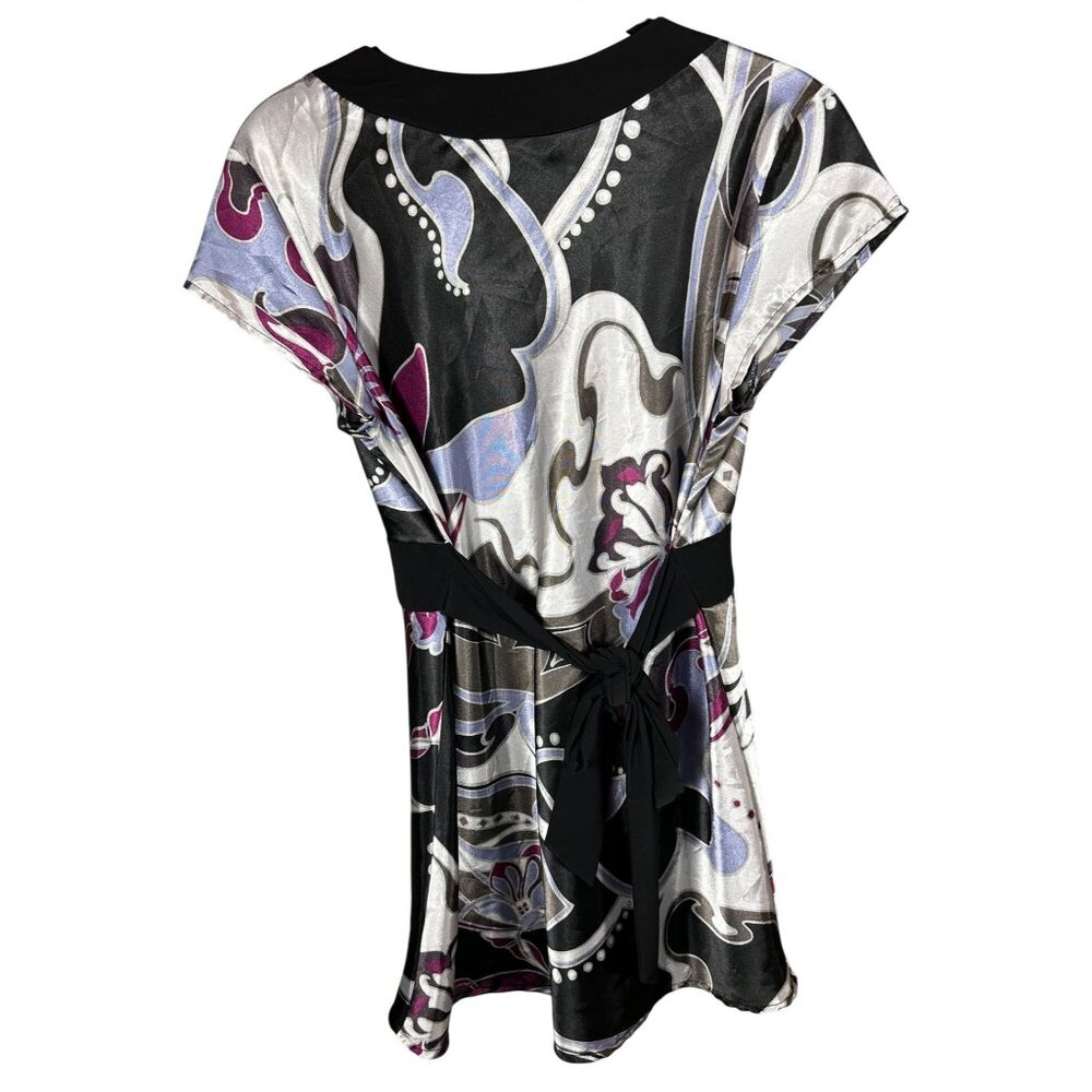 Y2K Babydoll Tunic Top Sz Small Tie Back Satin Abstract Floral Pattern Fairy - Picture 2 of 7
